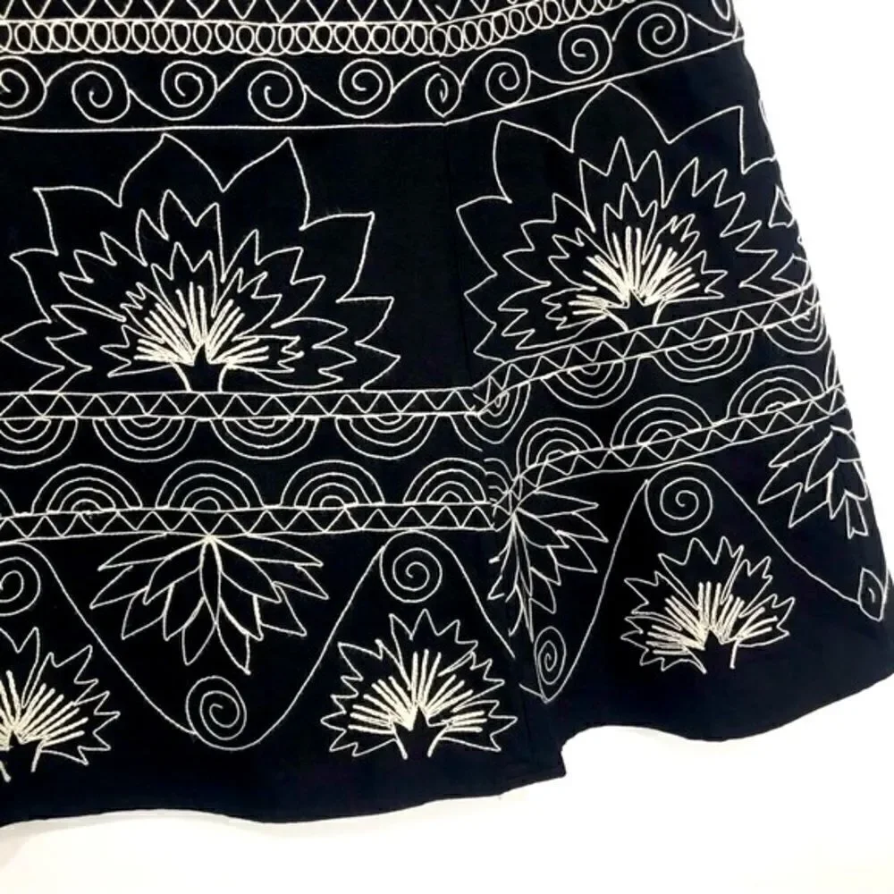 Talbots Black White Embroidered Stitch A Line Bohemian Skirt